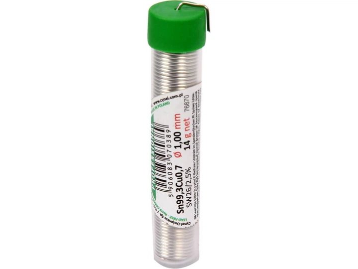 379112879.webp Припій без свинцю CYNEL d 1mm Sn99.3-Cu0.7 з флюсом вага 14g - Зображення 1