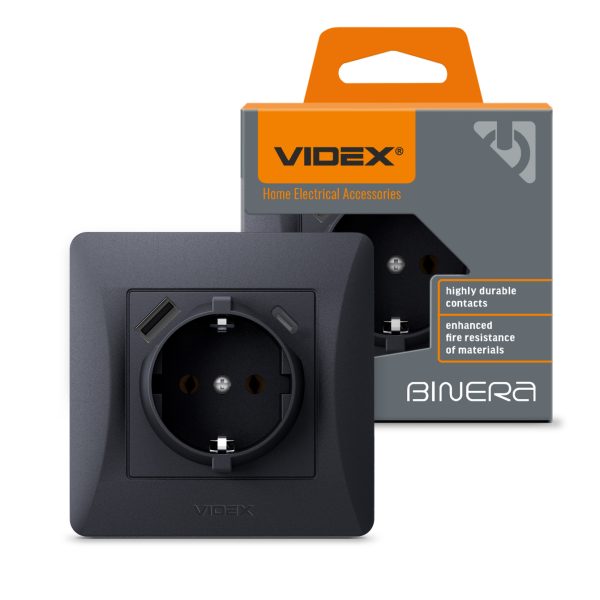 VADEX BINERA Розетка 1-на з заземленням та USB++USB-C чорний графіт