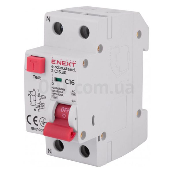 Диф. вимикач e.rcbo.stand.2.C16.30, 1P+N, 16А, С, 30мА